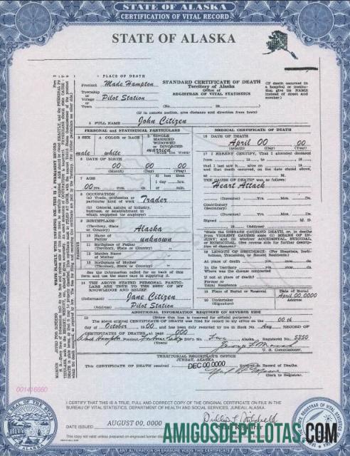 Realista modelo de certidão de óbito do estado do Alasca nos EUA em formato PSD